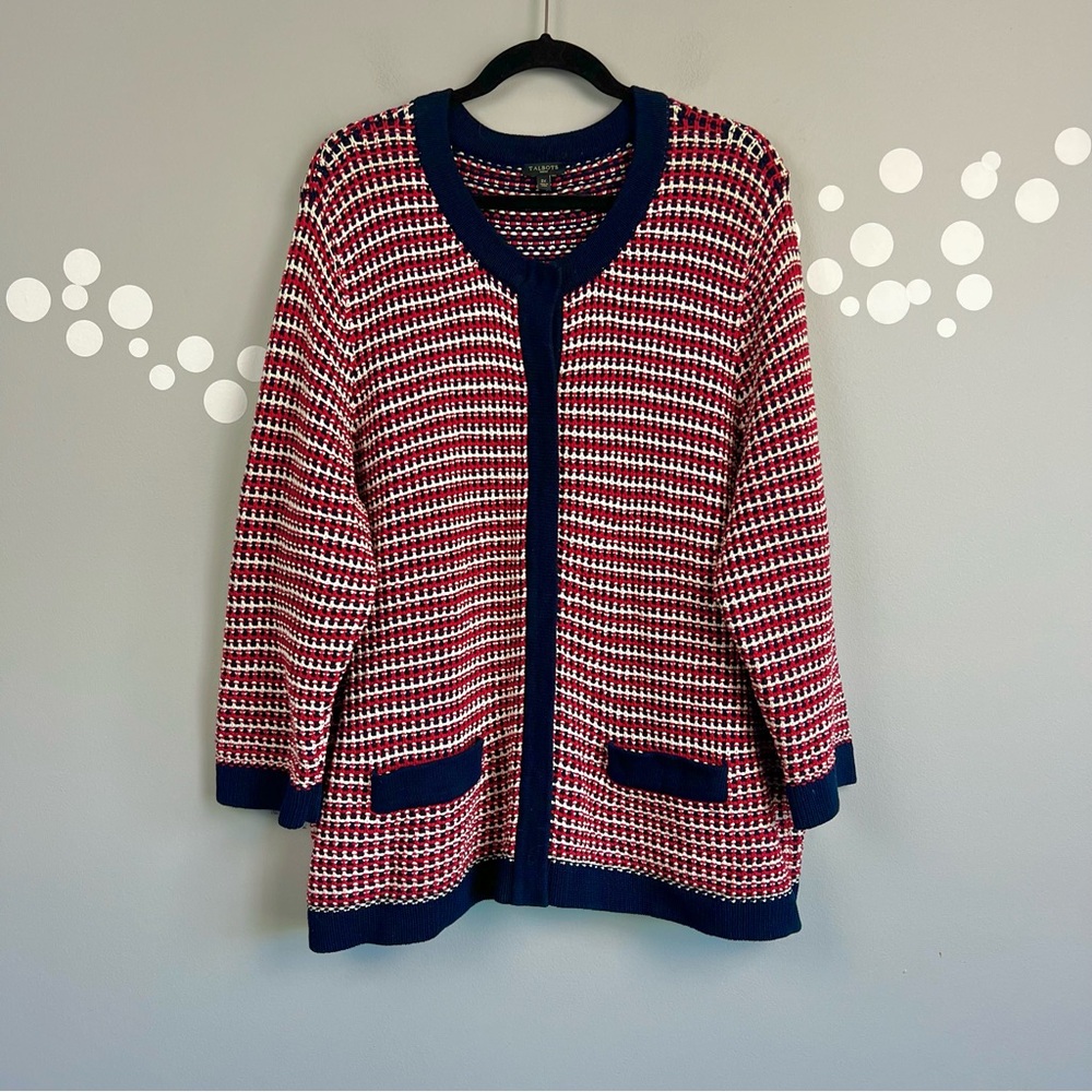 Talbots Red White and Navy Knit Cardigan